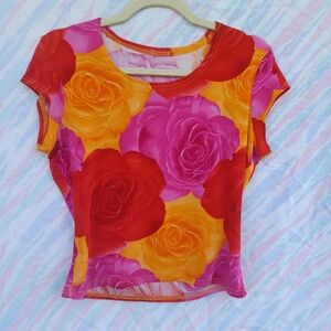 Women's red, orange, pink floral stretch T-shirt